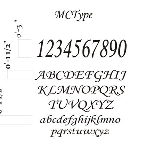 May include: A white background displays the text "MCType" above a series of numbers, uppercase letters, and lowercase letters in a black, cursive font. Measurements are indicated in feet and inches. The numbers 1 through 0 are displayed, followed by the alphabet.