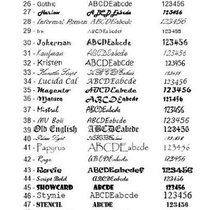 以下が含まれることがあります： AlphaNumeric Engraversのフォント選択を示す白黒画像。Gothic、Harlow、Jokermanなど、さまざまなフォントスタイルが表示され、それぞれにサンプルテキストと数字が添えられています。フォントは彫刻用に表示されています。