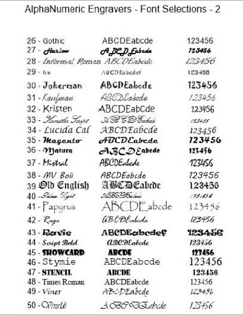 以下が含まれることがあります： AlphaNumeric Engraversのフォント選択を示す白黒画像。Gothic、Harlow、Jokermanなど、さまざまなフォントスタイルが表示され、それぞれにサンプルテキストと数字が添えられています。フォントは彫刻用に表示されています。