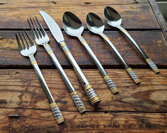Vintage 90s Flatware Stainless Steel Service for 8 Place Settings Wallace GOLDEN CORSICA Silverware Full Complete Set 1990s