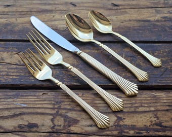 Vintage New 90s Gold Flatware Full Set for 12 Never Used GOLD ROSEWELL Reed & Barton