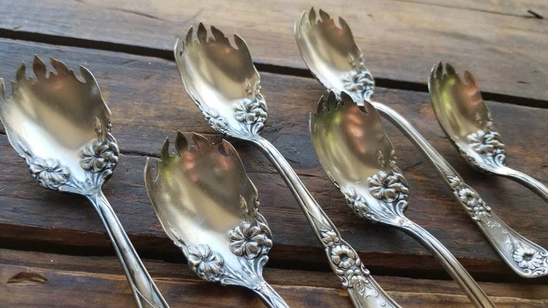 Antique Vintage Silverplate Set of 6 Rare Ice Cream Forks Art Nouveau Rogers GLORIA GRENOBLE No Monogram c1906 Fancy Beautiful 110 Years Old