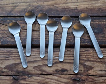 Vintage Mid Century Modern Wolf Karnagel Lufthansa Airlines Stainless Steel Teaspoons Set of 7 Made in Germany circa 1960’s Flatware