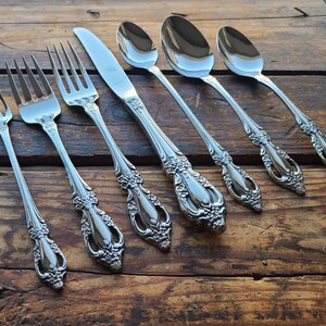 Vintage RAPHAEL Oneida USA Stainless Flatware Silverware Set 9 Place Settings 64 Pieces 80s 90s Dinner Salad Forks Teaspoons Soup Spoons ++