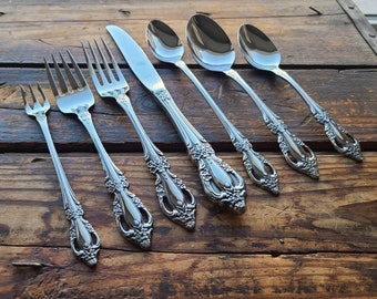 Vintage RAPHAEL Oneida USA Stainless Flatware Silverware Set 9 Place Settings 64 Pieces 80s 90s Dinner Salad Forks Teaspoons Soup Spoons ++