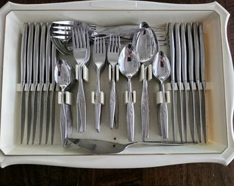 Vintage USA Oneida Community Stainless Flatware Full Set For 12 WOODMERE + Retro Hard Plastic Case