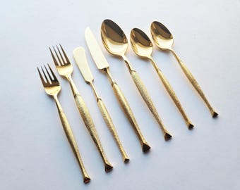 Vintage Stanley Roberts GOLDEN SOPHISTICATION Japan Stainless Mid Century Flatware 72pc Silverware Set Herringbone