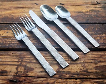 Vintage JCP Penny's Stainless Flatware Set Silverware 44Pc 8 Place Settings Servers Spoons Forks Geometric Aztec 80s-90's Retro