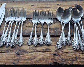 Vintage Mid Century Century Oxford Hall Japan Stainless Steel Flatware Service for 6 with Extra Silverware
