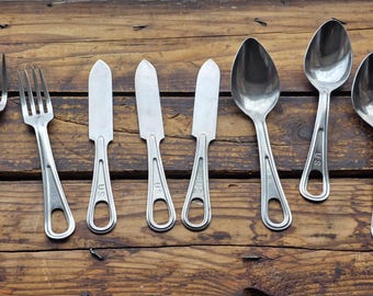 Vintage Antique Stainless Steel US Military Flatware Fork Knives Spoons 8 Pieces Mess Hall Utensils Lot