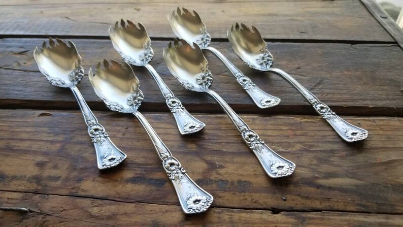 Antique Vintage Silverplate Set of 6 Rare Ice Cream Forks Art Nouveau Rogers GLORIA GRENOBLE No Monogram c1906 Fancy Beautiful 110 Years Old