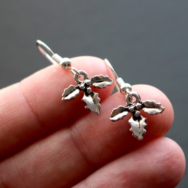 Christmas earrings, silver holly earrings, festive earrings, silver festive earrings, holly earrings, small earrings, Christmas jewelry