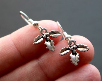 Christmas earrings, silver holly earrings, festive earrings, silver festive earrings, holly earrings, small earrings, Christmas jewelry