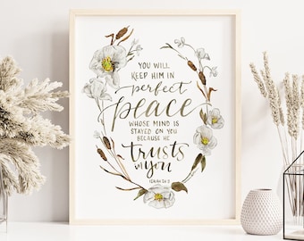 Perfect Peace Scripture Verse inspirational watercolor print - Isaiah 26:3 handlettering Bible verse