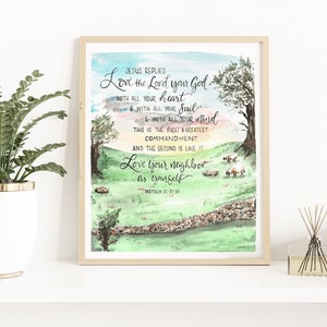 Love the Lord - Love Your Neighbor - Matthew 22:37-39, handlettering Bible verse, sheep landscape