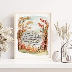 Count it All Joy Bible Verse Watercolor Print, James 1:2-3, fall trees watercolor wall art