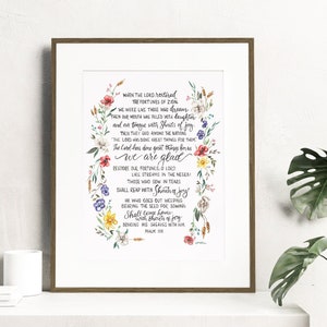 Psalm 126 Watercolor Print, Calligraphy floral wreath, Scripture art, Psalm of Ascent