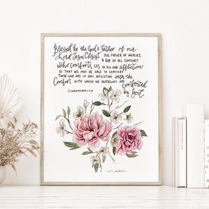 Comforted by God Scripture Verse watercolor print - 2 Corinthians 1:3-4 peony and dogwood flowers, handlettering Bible verse