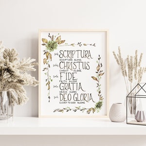 Sola Scriptura, Five Solas Print, Watercolor Handlettering, fall flowers Reformation wall art