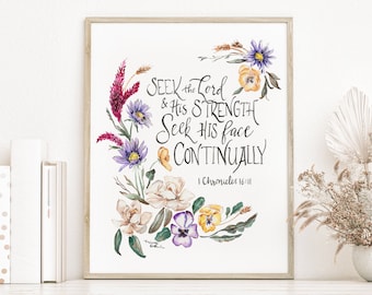 Seek the Lord Scripture Verse watercolor print - 1 Chronicles 16:11, handlettering Bible verse