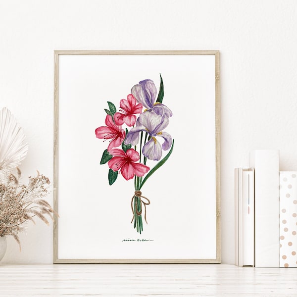 Watercolor azalea and iris flowers - Botanical Art Watercolor, watercolor family art