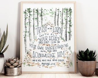 Trust in the Lord Scripture Verse inspirational watercolor print - Proverbs 3:5-6, handlettering Bible verse, neutral nursery art