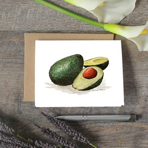 Avocado Watercolor card, Blank note card inside with envelope
