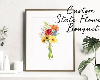 State Flower Custom Watercolor floral bouquets - Botanical Art Watercolor Print, Family or couple's state flowers
