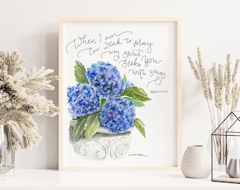 Watercolor blue hydrangea Scripture verse art - Psalm 77:4-6, Bible Verse Watercolor Print, floral scripture painting, Christian wall art