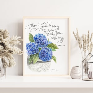 Watercolor blue hydrangea Scripture verse art - Psalm 77:4-6, Bible Verse Watercolor Print, floral scripture painting, Christian wall art
