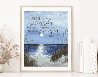 Wydruk wersetu biblijnego, wydruk akwarelowy Psalm 4:8 Salmo 4 8 po angielsku lub hiszpańsku, sztuka ręcznego pisania pism świętych, malowanie księżyca na plaży