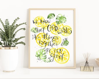 Akwarela werset pisma cytrynowego-Rzymian 8:28, werset biblijny handlettering