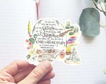 Garden Scripture Verse inspirational watercolor sticker- Isaiah 58:11, handlettering Bible verse, stocking stuffer