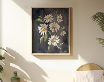 Daisy Watercolor Print: April Birth Month Flower, Dark Floral Art