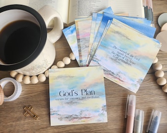 Conjunto de 14 cartões com versículos bíblicos, Pacote de Versículos do Plano de Deus - Cartões com versículos em aquarela com nuvens.