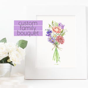 Custom Watercolor floral bouquets - Botanical Art Watercolor Print, Family birth month flowers
