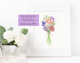 Custom Watercolor floral bouquets - Botanical Art Watercolor Print, Family birth month flowers