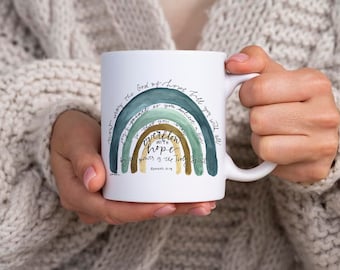 Rainbow Bible Verse Mug - Handpainted watercolor and BIble verse handlettering mug, Romans 15:13 Scripture