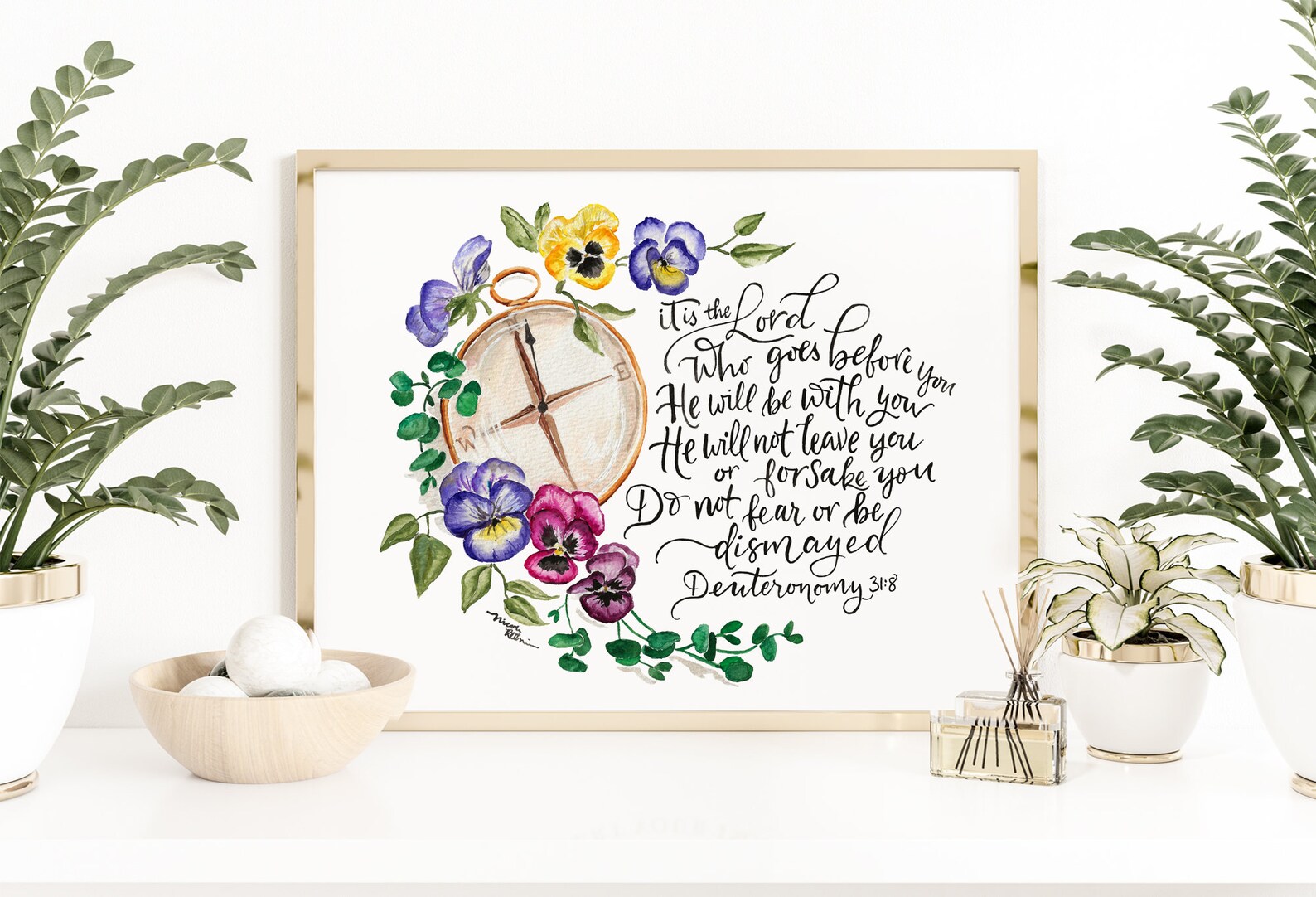 Pansies and Compass Scripture Verse Watercolor Print - Deuteronomy 31:8 ...
