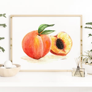 Peach watercolor print - fruit still life, bright peach painting