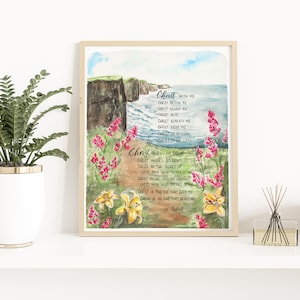 May include: A watercolour painting of a cliffside with a body of water in the background. The painting features a floral design with pink and yellow flowers. The text "Christ" is written in cursive script and includes a poem about the presence of Christ in all aspects of life.