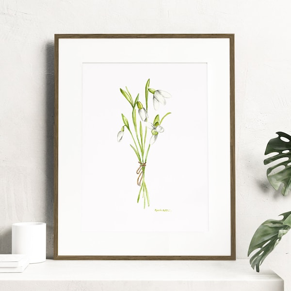 Watercolor Snowdrop flowers - Botanical Art Watercolor, birth month flowers - January