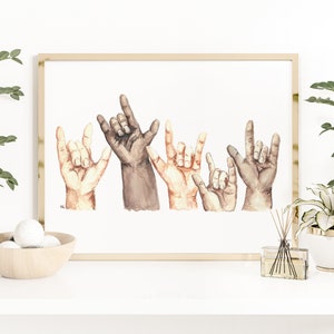 Sign Language I Love You Hands watercolor print, ASL hands, multicultural art, adoption print