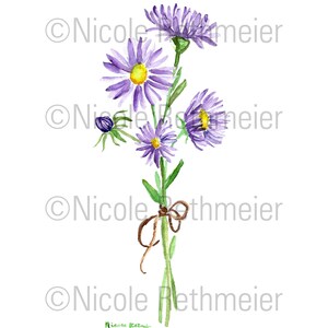 May include: A watercolor painting of a bouquet of purple flowers with green stems and leaves. The stems are tied together with a brown ribbon.