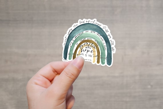Rainbow Bible Verse Sticker - 3x3 Handpainted watercolor and BIble verse handlettering sticker, Romans 15:13 Scripture