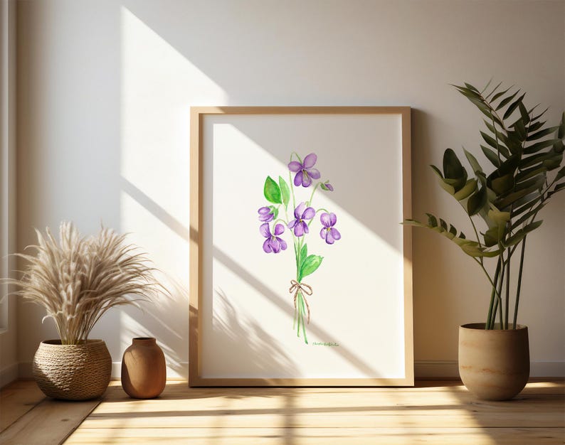 Acuarela Flores violetas - Arte botánico Acuarela, flores del mes de nacimiento - Febrero imagen 1