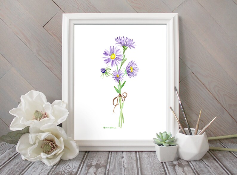 May include: A watercolor painting of a bouquet of purple flowers with a brown ribbon tied around the stems. The flowers are on a white background.