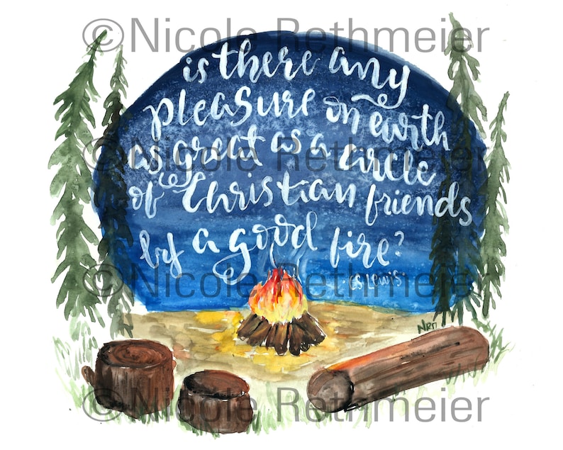 CS Lewis Friendship Quote watercolor print, friendship handlettering art, campfire summer painting image 4