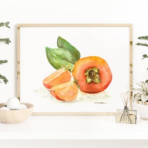 Persimmon watercolor print - fruit still life, bright persimmon painting