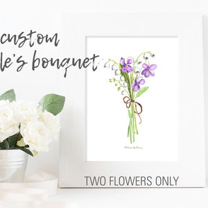 Custom Couples Watercolor floral bouquets TWO FLOWERS ONLY - Anniversary Gift Botanical Art Watercolor, birth month flowers, mother&#39;s day